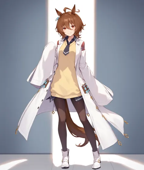 score_9, score_8_up, score_7_up BREAK
shobufuku, 1girl, solo, looking at viewer, smile, short hair, bangs, brown hair, long sleeves, animal ears, jewelry, standing, tail, full body, ahoge, pantyhose, earrings, necktie, high heels, sweater, coat, sleeves pa...