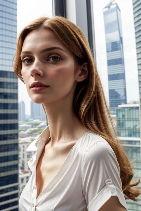 European woman, closeup, sandals, (shirt), pants, (skyscraper window), ZM_petra, wide shoulders, perfect face, (contact iris: 1.1), pale skin, skin pores , depth of field