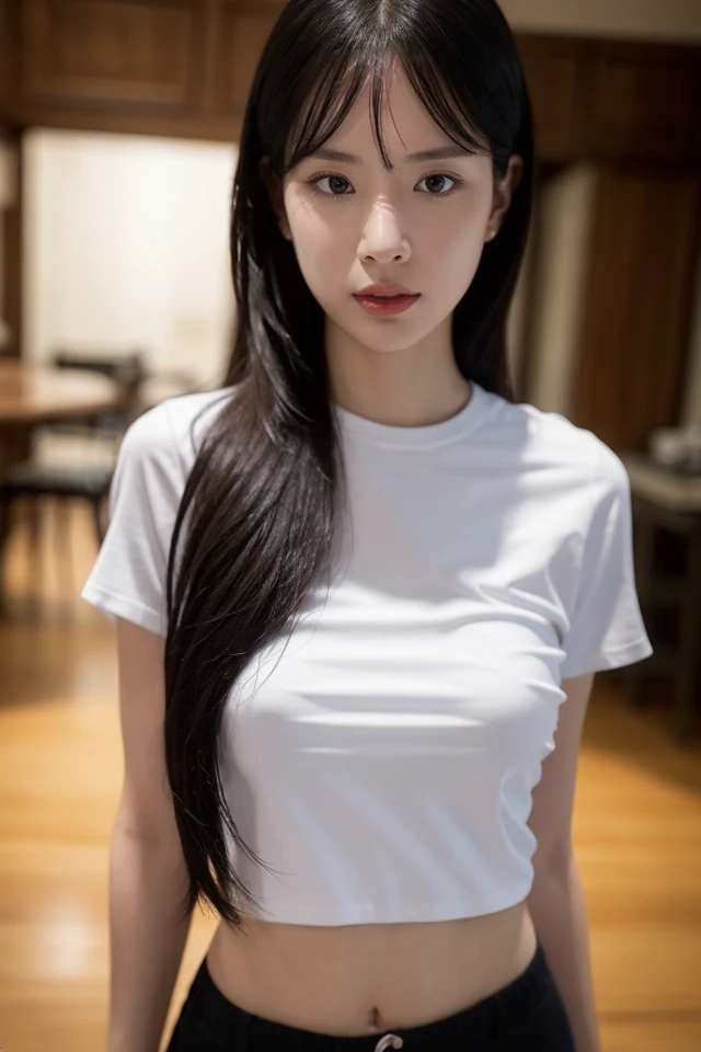 1girl,solo,black hair,shirt,long hair,black shirt,short sleeves,bangs,
sexy pose,best quality,masterpiece,illustration,an extremely delicate and beautiful,CG,unity,8k wallpaper,Amazing,finely detail,masterpiece,official art,extremely detailed CG unity 8k w...