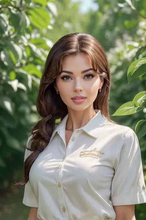 portrait of S367_AlenaKhovrina,a gorgeous woman,in an (orchard:1.1),wearing a (polo-shirt:1.1),(pigtails),(4k, RAW photo, best quality, 35mm, depth of field, ultra high res:1.1),(intricate, photorealistic, cinematic-shot, masterpiece, ultra-detailed:1.1),