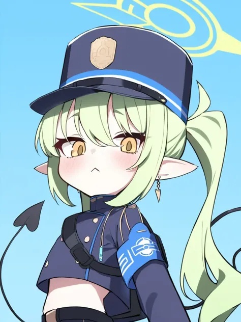 1girl,highlander twintails conductor (blue archive), halo, 1girl, simple background, white gloves, armband, :<, chibi, looking at viewer, closed mouth, blush, demon tail, blue headwear, ponytail, jacket, earrings, police hat, blue background, :d<lora:delta...