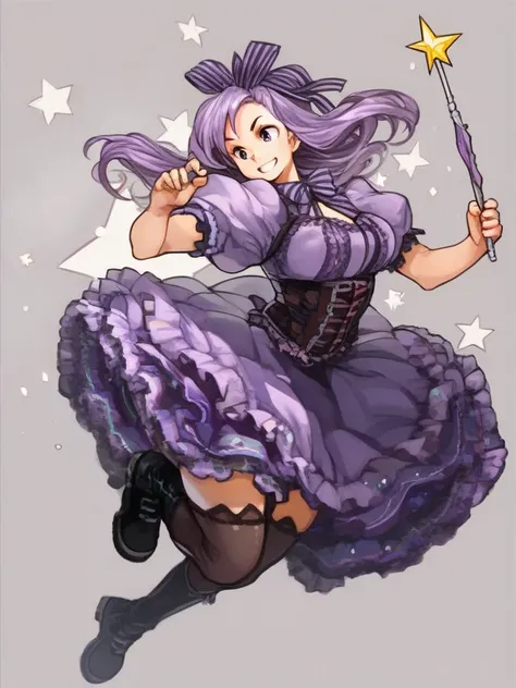 <lora:Sachito-PonyXL-1024px:0.9>
score_5_up, score_6_up, 
1girl, solo,  frilly purple dress, fighting_pose, smile, thighhighs, corset, boots, puffy sleeves, bow, ribbon, long purple hair, holding wand, stars