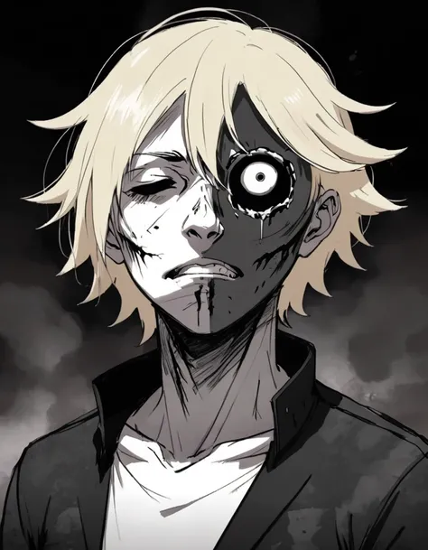 Anime character with (blonde hair:1.1), half face normal, half face with (dark, charred texture:1.3), (one eye closed:1.2), (expression of pain or resignation:1.2), blurred background suggesting movement or chaos, high emotional impact, (manga-style art:1....