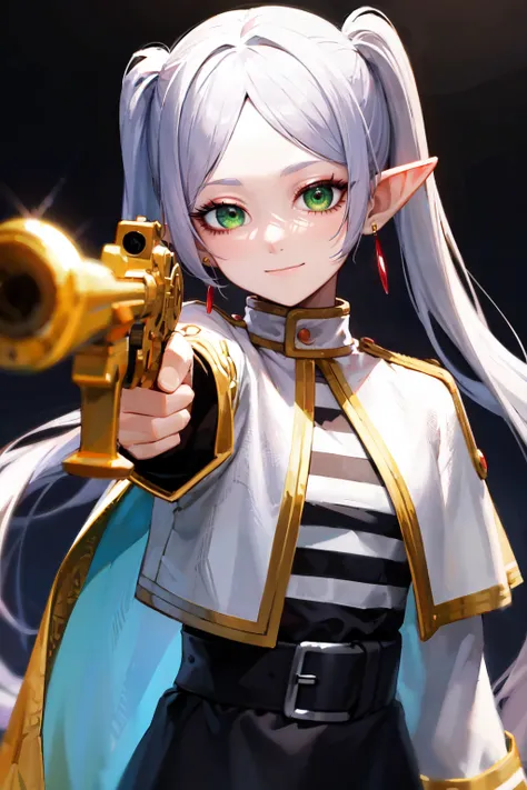 <lora:Foreshortening:1>, foreshortening, (masterpiece), best quality, high resolution, highly detailed,   sword, aiming, aiming at viewer,   aafrie, long hair, white hair, twintails, pointy ears, earrings, green eyes, thick eyebrows, white capelet, striped...