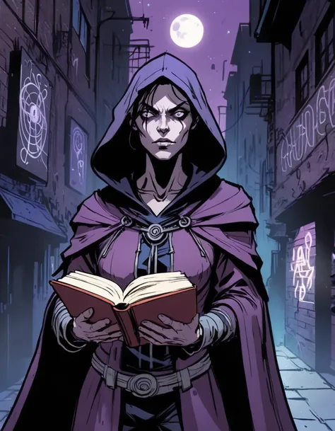 Illustration of Raven from DC Comics, (dark and brooding:1.2), (mystical aura:1.3), (flowing purple cloak:1.1), (intense eye glow:1.2), (hooded cloak:1.1), (holding a book of spells:1.2), (standing in a shadowy alley:1.1), (urban background with graffiti:1...