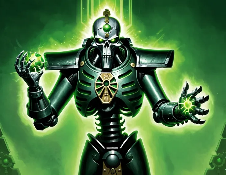 An illustration of a Necron Lord from the Warhammer 40k universe. The image is a front view of the character, who is standing with his arms outstretched. He is wearing a large suit of armor with a glowing green eye in the center of his chest. He has a meta...