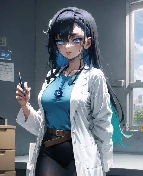 civitai-chan,moon_demon,1girl,blue hair,braided bangs,blue eyes,mismatched pupils,labcoat,shirt,shirt tucked in,single vertical stripe,black skirt,pencil skirt,pantyhose,necklace,belt,<lora:gijinkaseries_civitai:0.8>,<lora:moon_demon_eyes:1>,