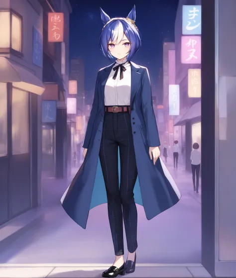 score_9, score_8_up, score_7_up, 2D, anime BREAK
night, city, 
casual_clothes, 1girl, solo, looking at viewer, short hair, bangs, shirt, long sleeves, ribbon, animal ears, closed mouth, blue hair, standing, purple eyes, full body, white shirt, white hair, ...