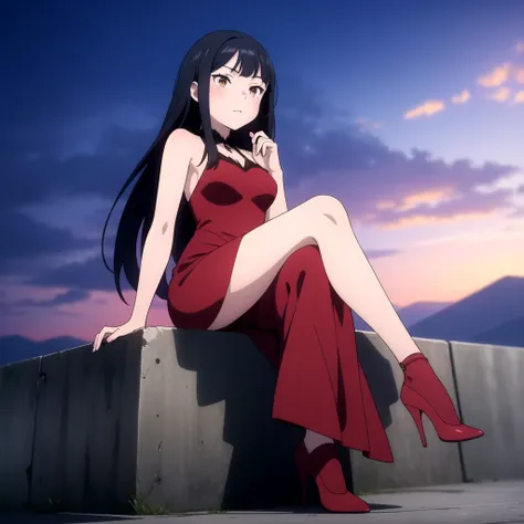 (masterpiece:1.2, best quality), cleananimescreenshot,  1girl, black hair, long hair, red dress, high heels <lora:cleananimescreenshot-000009:0.5>