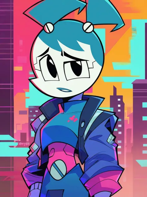 <lora:XJ-9:0.6>, x_j_9, 1girl, robot, blue hair, black eyes, cyberpunk outfit, neon, night city background,, score_9, score_8_up, score_7_up,