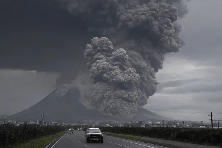 a massive pyroclastic flow descends the flank of a volcanic mountain, ash cloud, dark clouds, city, road, car, bad weather, hazy, heavy raining, low-lying clouds, low-light photo, Japan <lora:pdcxl_v2_CivitAI-000007:1.2>