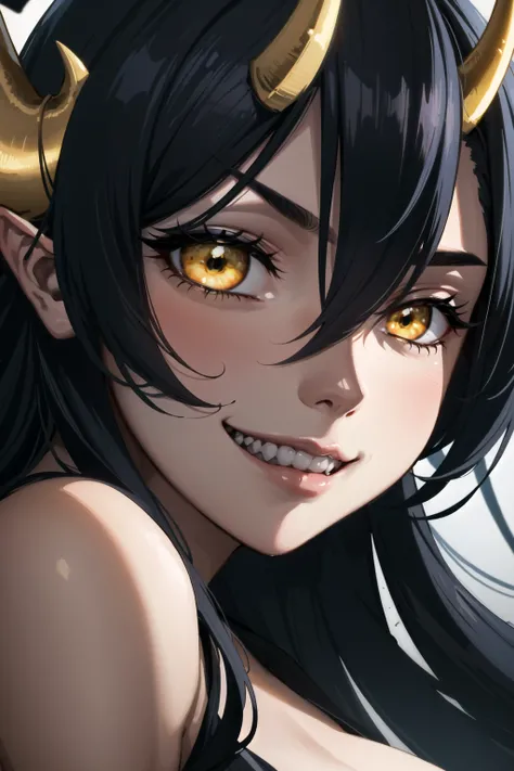 (masterpiece, best quality:1.2), highly detailed, (cinematic lighting, volumetric), depth of field, 1girl, close-up, from side, looking at viewer, demon girl, horns, evil smile, sharp teeth, yellow eyes,