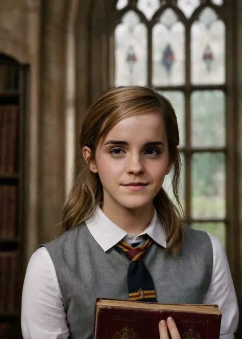 a beautiful picture of emma_watson, detailed skin texture,masterpiece, photorealistic, woman, 4k, light, RAW color photo,(fully in frame:1.1), (goosebumps:0.5),aus, detailed face,subtle smile,wearing a hogwarts school uniform, holding books <lora:emma_wats...