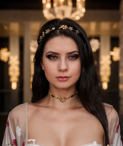 cinematic photo   a woman,  <lora:quiron_NicoleBlack_v7_Lora:0.87> NicoleBlackQuiron , RAW, (Dutch angle),  makeup,  a face of perfect proportion, Depth of field, Heroic stance, Floral Headband,  Bohemian Yellow Modern toga-inspired dress with Shotgun,  . ...