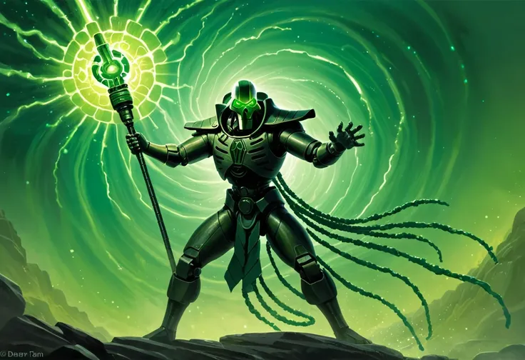 A painting of a Cryptek in combat. He is standing in a wide, dynamic pose, his legs spread shoulder-width apart and his arms outstretched. He is holding a staff in his right hand, and his left hand is raised in the air. The staff is glowing with green ener...