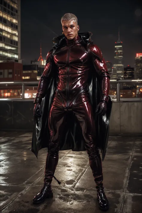 full body, olafperson <lora:olaf_epoch_4:0.8>, <lora:Clothing - Latex Armor:0.6> l4tex4rmor, wearing [red|black] latex matrix coat, long coat, heroic pose, shiny latex outfit, city rooftop, leather straps, leather straps, night, light bokeh, cyperbunk