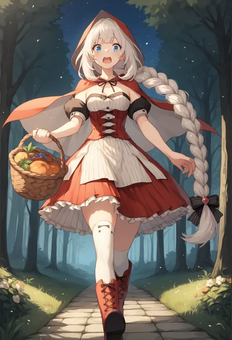 1girl, solo, white hair, blue eyes, braid, alternate costume, frilled skirt, corset, hood, cape, thighhighs, boots, holding basket, walking, forest, night, scared, looking around <lora:Marie_XL-000009:1>, score_9, score_8_up, score_7_up, score_6_up, score_...