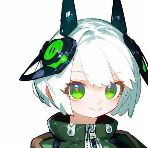 lvzi, short_hair, 1girl, green_eyes, white_hair, simple_background, solo, colored_skin, looking_at_viewer, white_background, closed_mouth, smile, headgear, blue_skin, zipper_pull_tab, zipper, sketch, portrait, collar, <lora:lvzi-000006:1>, best quality,ama...