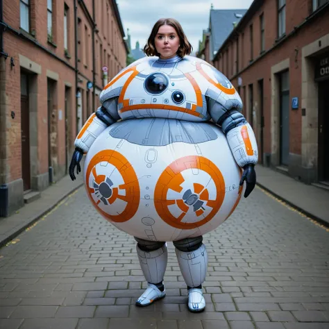 Woman wearing an inflatable spherical bb8 suit <lora:Inflatable_v6b_epoch_9:1>