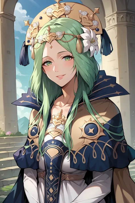 score_9, score_8_up, score_7_up, score_6_up, source_anime, BREAK 1girl, mature female <lora:rhea-pdxl-nvwls-v1-000006:1> defrhea, green hair, gold headdress, hair flower, blue cape, gold-trimmed cape, white dress, tabard, long dress, skintight clothes, whi...