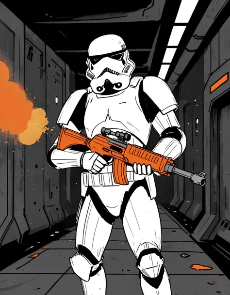 Stormtrooper with a (thick mustache:1.3), white armor, holding an (orange blaster:1.2), (space station corridor background:1.2), dark tones with red accents, gritty texture, contrast lighting, (comic book ink style:1.2), (sci-fi theme:1.3), dramatic shadow...