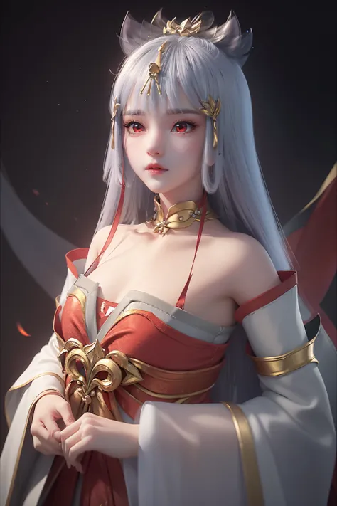 <lora:Taiyinyutu:0.8>,taiyinyutu,1girl,solo,long hair,black background,red eyes,silver flower,hair ornament,simple background,white hair,clothes gold decoration,detached sleeves,gold neckwear,(red ribbon:1.2),white pom-poms,upper body,bangs,lips,blunt bang...