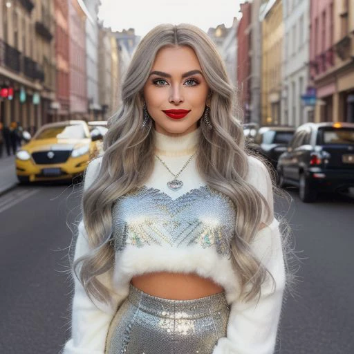 (((full-length image))) of a Woman with long, wavy silver blonde hair and a heavy makeup look, including fake lashes, winged eyeliner, and filled in brows, wearing an extremely fluffy cropped sweater, smiling and looking at the camera, showing well-arrange...