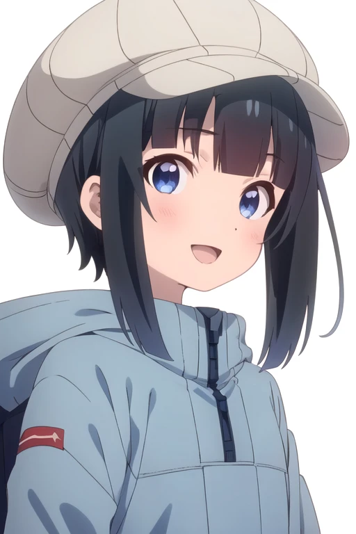 solo, 1girl, looking at viewer, 2D, anime, anime coloring, upper body, (simple background, solid white background:1.3),  <lora:hiyori-slowloop:0.8>, hiyori minagi, hat, jacket, smile, :d