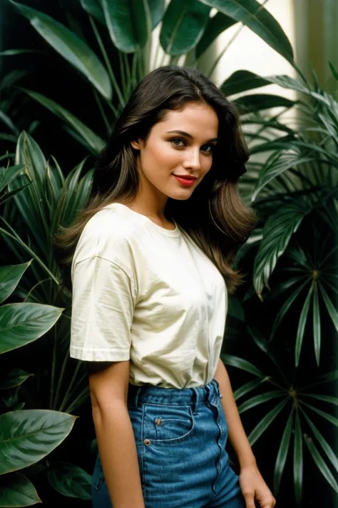 photo of beautiful (Ursul4Andr3ss_HM-135:0.99), brunette, a woman, perfect hair, smiling, (modern photo), wearing loose t-shirt and baggy jeans, portrait, 85mm, (analog, cinematic, film grain:1.3), (Bioluminescent Jungle, Dense jungle of glowing plants and...