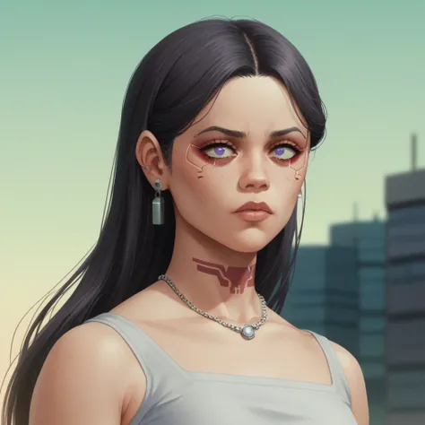 score_9, score_8_up, score_7_up, score_6_up,source_anime,anime 2d, anime screencap, a cyberpunk edgerunners woman with a futuristic katana, with black hair and purple eyes,  jenxortega,  <lora:jenortega_ponyxl_autism_standard_xl_1_jenxortega-000097:0.9>