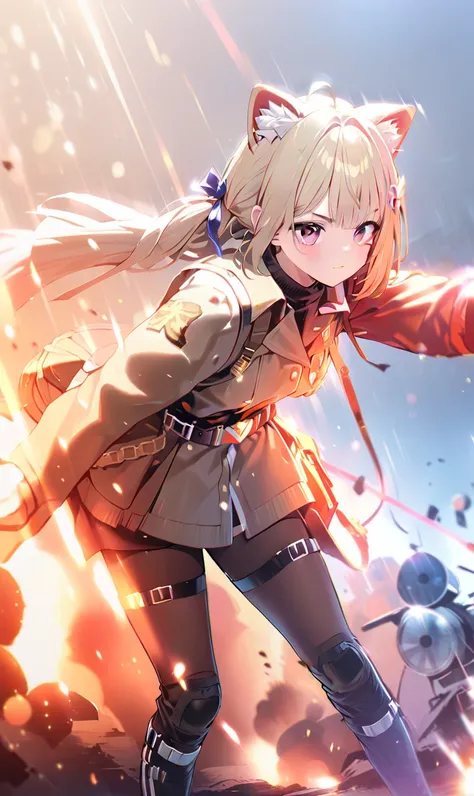 1girl,bfv,light streak, lens flare, bokeh,explosion, fire, fire sparks,Dynamic hair,newest,medium quality,general,masterpiece,  <lora:chiffon_v0.1:1> <lora:BFXL:1>