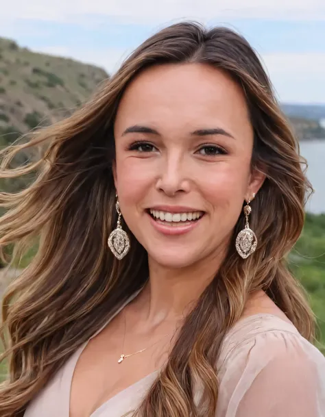 A woman dressed elegantly in an outfit, with her long hair flowing, donning earring jewelry and a radiant smile featuring her brown eyes, stands on the breathtaking landscape of Pierson, capturing in a photograph her parted lips as she looks intently at th...