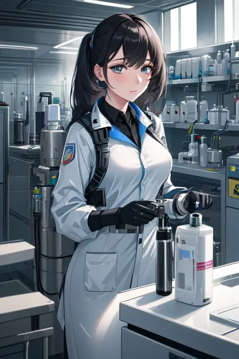 real, (realistic), super detailed, (4k), 8k, 21 year old woman mixes chemicals in a futuristic laboratory