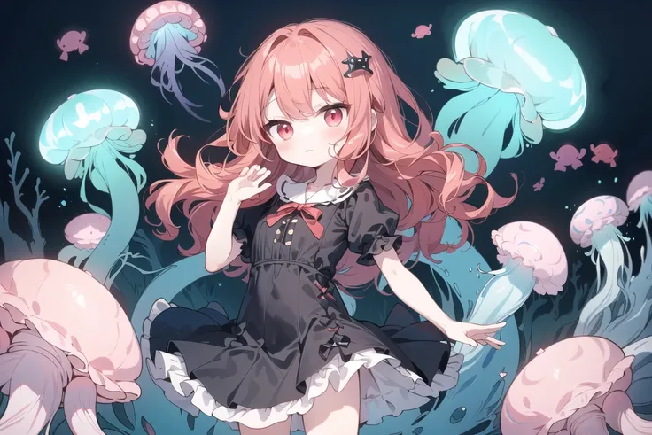 (dynamic angle, dynamic pose), pov, fish eye, (looking afar, cowboy shot),
petite, ((deep sea creature girl)), sea ââserpent, scale, red eyes, pale red wavy hair, standing, soft smile,
(simple background, deep sea , large amount of jellyfish, shell, to...