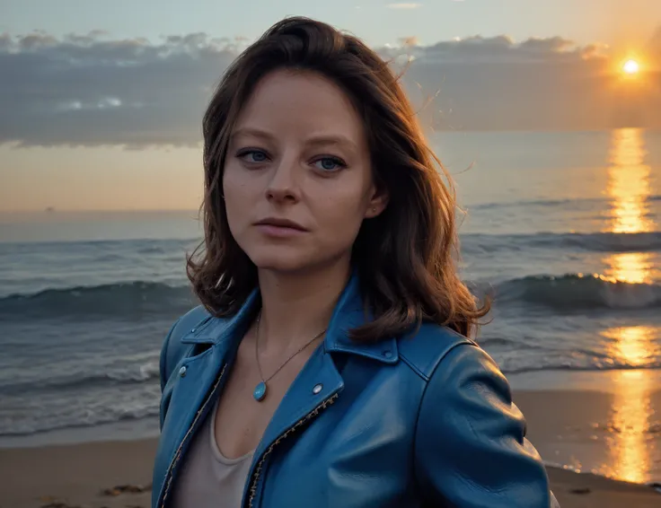 [closeup of] jdfstr wearing a [bright blue] leather jacket, in a beach at sunrise, <lora:JdFstr_EQ:1.2>