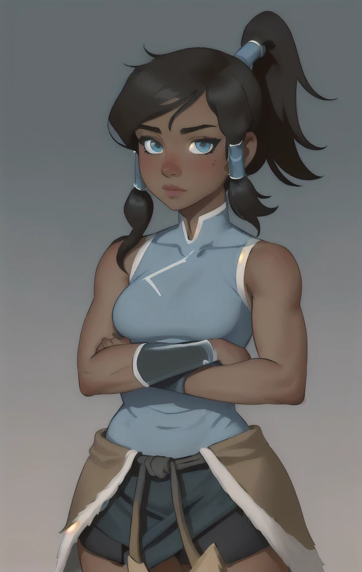 <lora:Simple_cute:.7> a girl,  <lora:thelegendofkorra_korra:0.8> korra, dark skin, dark-skinned female, ponytail, hair tubes, short hair,  sleeveless,  bare shoulders