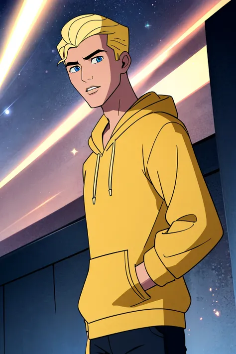 1boy,solo,male focus,blonde hair,short hair,blue eyes,parted lips ,official style,wears,yellow hoodie,hands in pockets,starry sky,looking at viewer,masterpiece,best quality