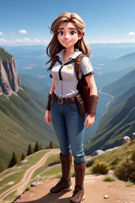 real, (realistic), super detailed, (4k), 8k, 21 year old woman stand on a mountaintop, smiling