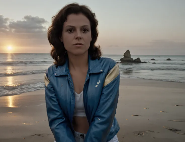 [closeup of] sgwver wearing a [bright blue] leather jacket, in a beach at sunrise, <lora:SgWver_EQ:1.3>