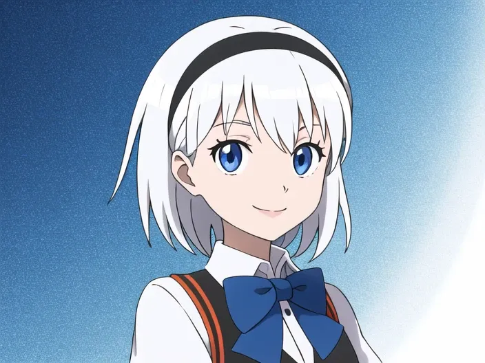 <lora:asatsukifgfff-08:0.8> l1girl, solo, looking at viewer, smile, short hair, blue eyes, bow, ribbon, hair ribbon, upper body, white hair, hairband, bowtie, vest, transparent background, parody, black hairband, style parody