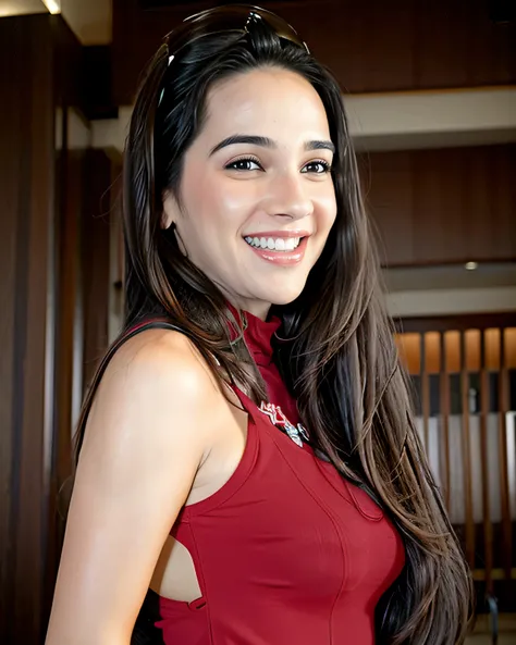 photo of tara woman, conservatively dressed,  wearing Red sleeveless turtleneck, dynamic pose, smiling, simple contemporary interior background in bokeh <lora:tara_Tara_Sharma_SD15_LoRA_prodigy_local_regs:0.9>