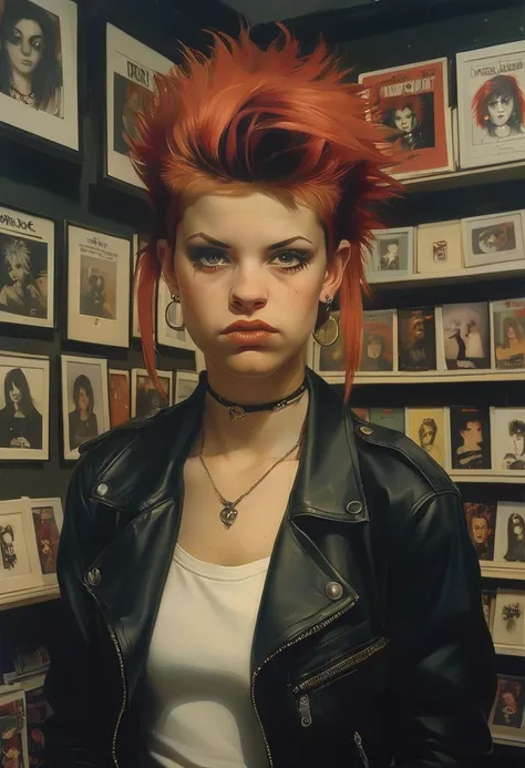 moody portrait of a punk rock girl in 1996 in a Newbury Comics shop 