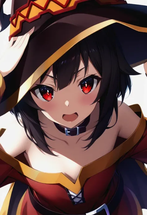 1girl,megumin_(konosuba),bare_shoulders,belt_collar,black_hair,close-up,collar,collarbone,dress,glowing,glowing_eyes,hand_on_headwear,<lora:anime enhancer V3 xl:1>,detailed,skin,texture,detailed skin texture,volumetric,shadow,hat,looking_at_viewer,off-shou...