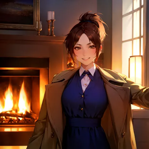 (masterpiece,velvia, best quality:1.11),akiraga,1girl,solo,(muscular:1.1),medium breasts,in front of fireplace,(winking),brown hair,ponytail,(pretty beautiful drunk face),(detailed symmetrical brown eyes:0.9),coat dress,(pov:1.1),absurdres,<lora:akiraGA0.9...