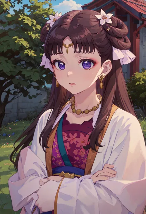 best quality, masterpiece, highres, solo, (lishu_theapothecarydiaries:1.10), 1girl, long sleeves, necklace, solo focus, flower, outdoors, double bun, grass, hanfu, upper body, anime_style, 3 <lora:lishu_theapothecarydiaries:0.80>