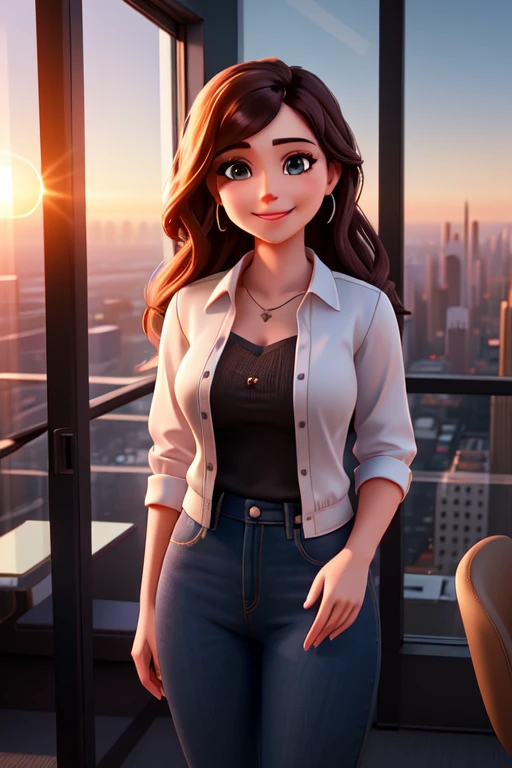 real, (realistic), super detailed, (4k), 8k, 21 year old woman stands in front of glass window overlooking downtown skyline at sunset, smiling