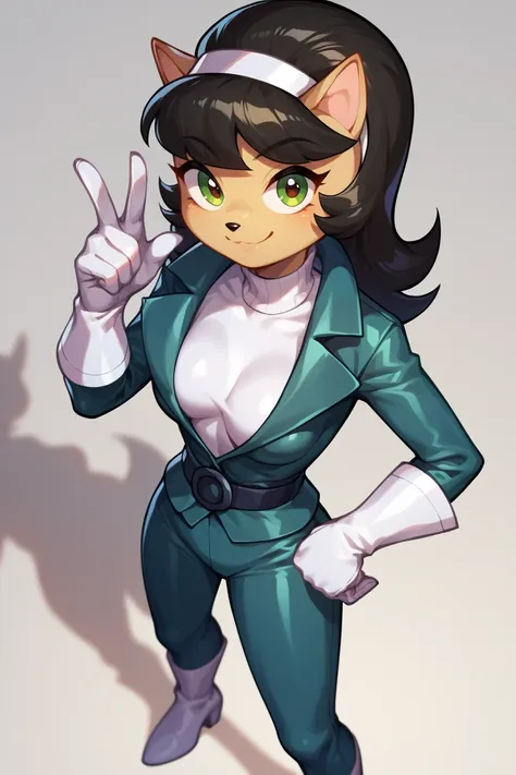 score_9, score_8_up, score_7_up, BREAK, 1girl, solo, breasts, <lora:kittykatswell-guy-PONYv1:1>, kittykatswell, furry, animal ears, hairband, white gloves, jacket, white shirt, turtleneck, pants, belt, bodysuit, smile, from above,