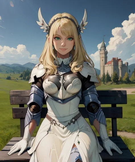 maria,green eyes,blonde hair,
white dress,armor,long skirt,white head ornament,gloves,jewelry,
standing,upper body,
light smile,
sitting,
plains,castle,bench,
(insanely detailed,  masterpiece, best quality),solo,<lora:ValkyrieMaria:0.8>,