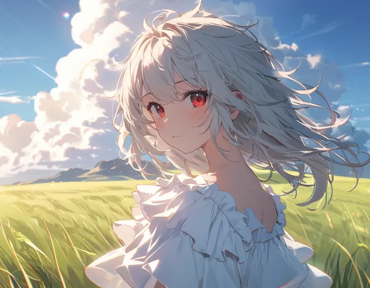 (masterpiece, best quality:1.3), very aesthetic, (solo), cute 1girl, teen, white messy hair, red eyes, fashionable, Fluffy and ruffled dress, white dress, grass, standing on a vast grasslands, beautiful blue sky, cumulonimbus, wind, (upper body), (lens fla...