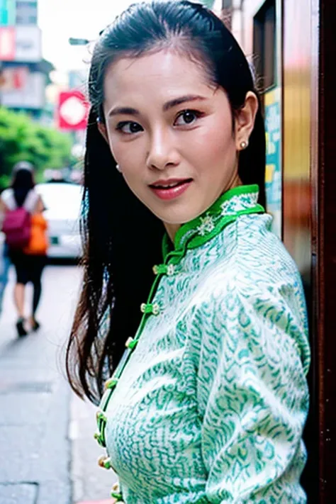 Best quality,masterpiece,ultra high res,photorealistic,1girl,taipei street alley,dynamic pose,face closeup,depth of field,upper_body,teenager,<lora:yuting_chiu:1>,cheongsam,